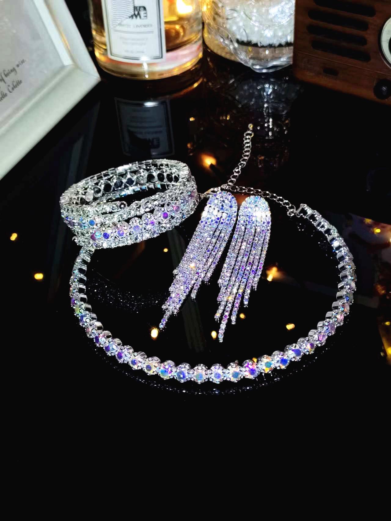 Crystal Choker Necklace & Earring Set with Rhinestone Bangle
Crystal Choker Necklace & Earring Set with Rhinestone Bangle