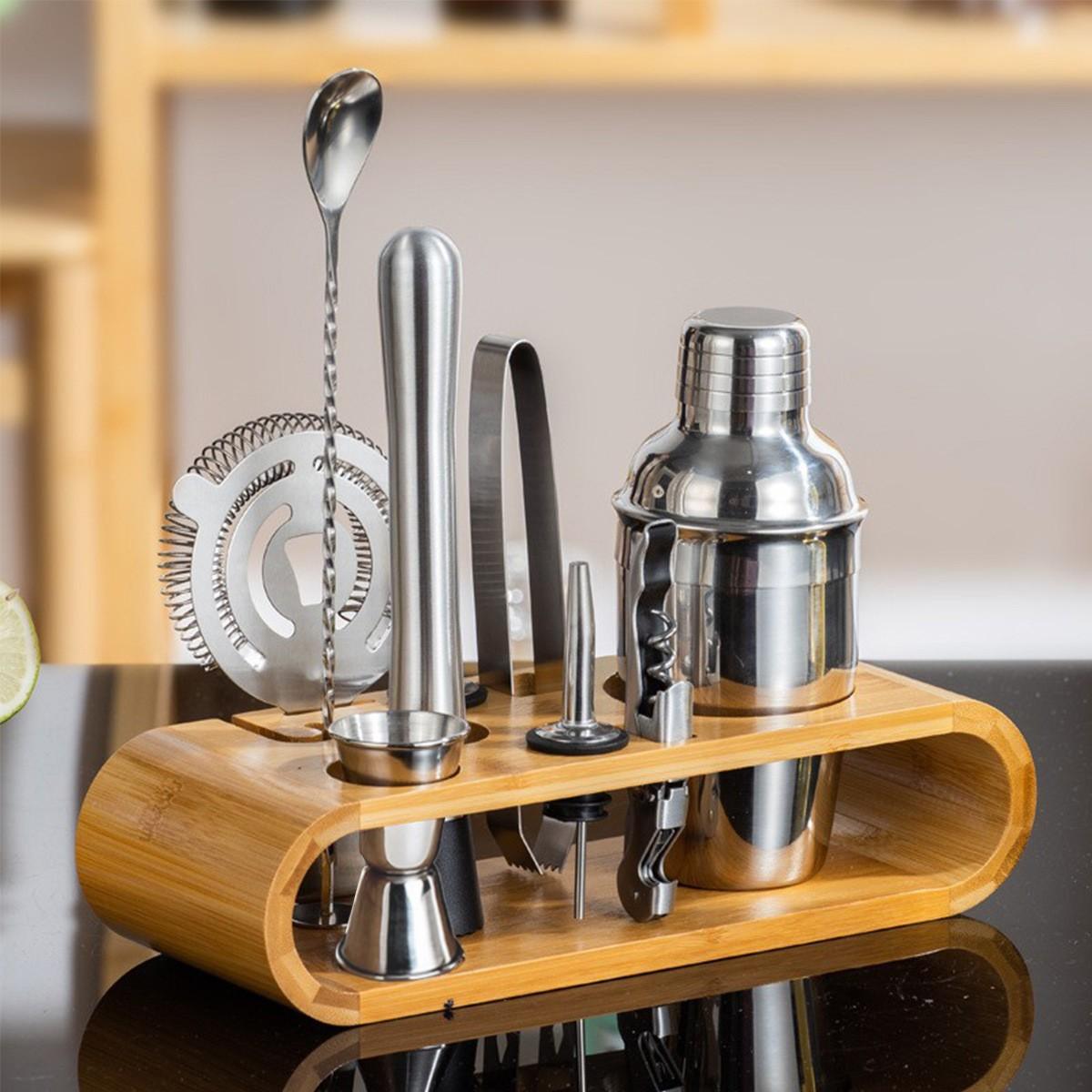 ·10-Piece Cocktail Shaker Set, Stainless Steel, European Style with Wooden Base
·10-Piece Cocktail Shaker Set, Stainless Steel, European Style with Wooden Base