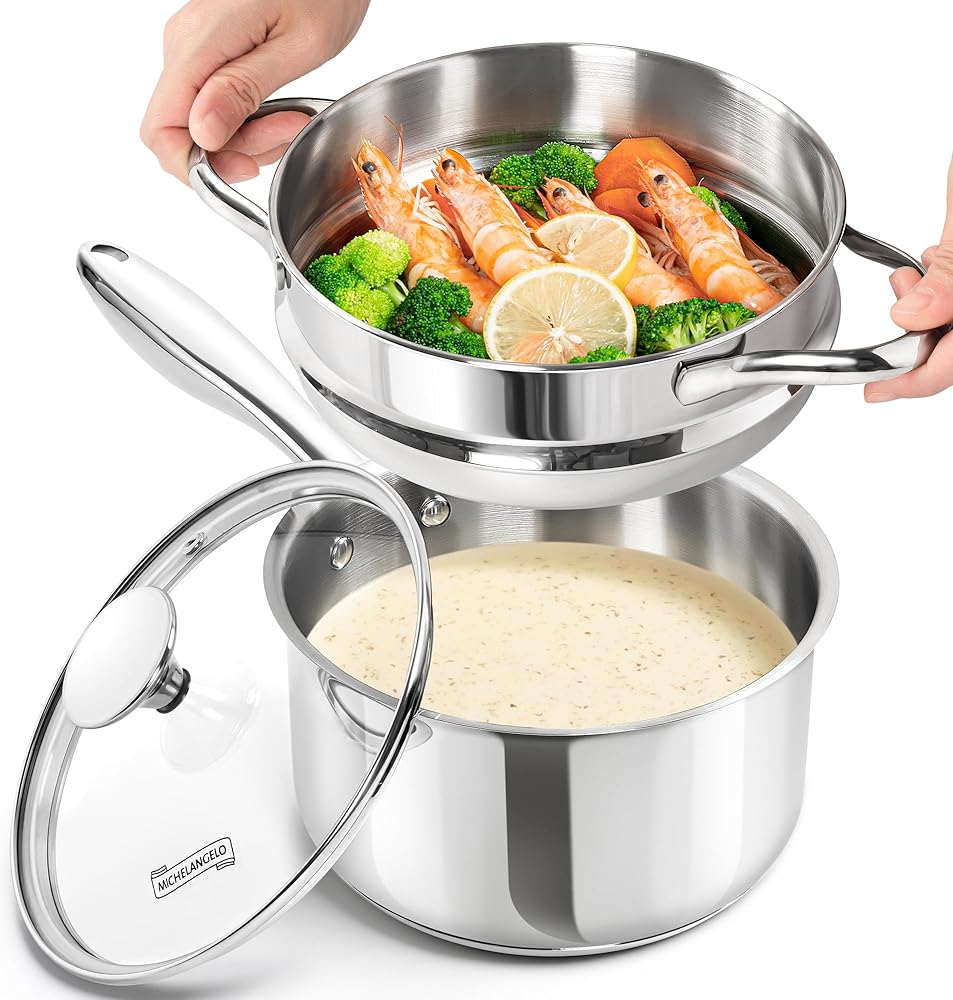 MICHELANGELO Stainless Steel Saucepan and Steamer with Lid, 3-Quart Saucepan with Lid, Suitable for Induction and Other Cooktops
MICHELANGELO Stainless Steel Saucepan and Steamer with Lid, 3-Quart Saucepan with Lid, Suitable for Induction and Other Cooktops