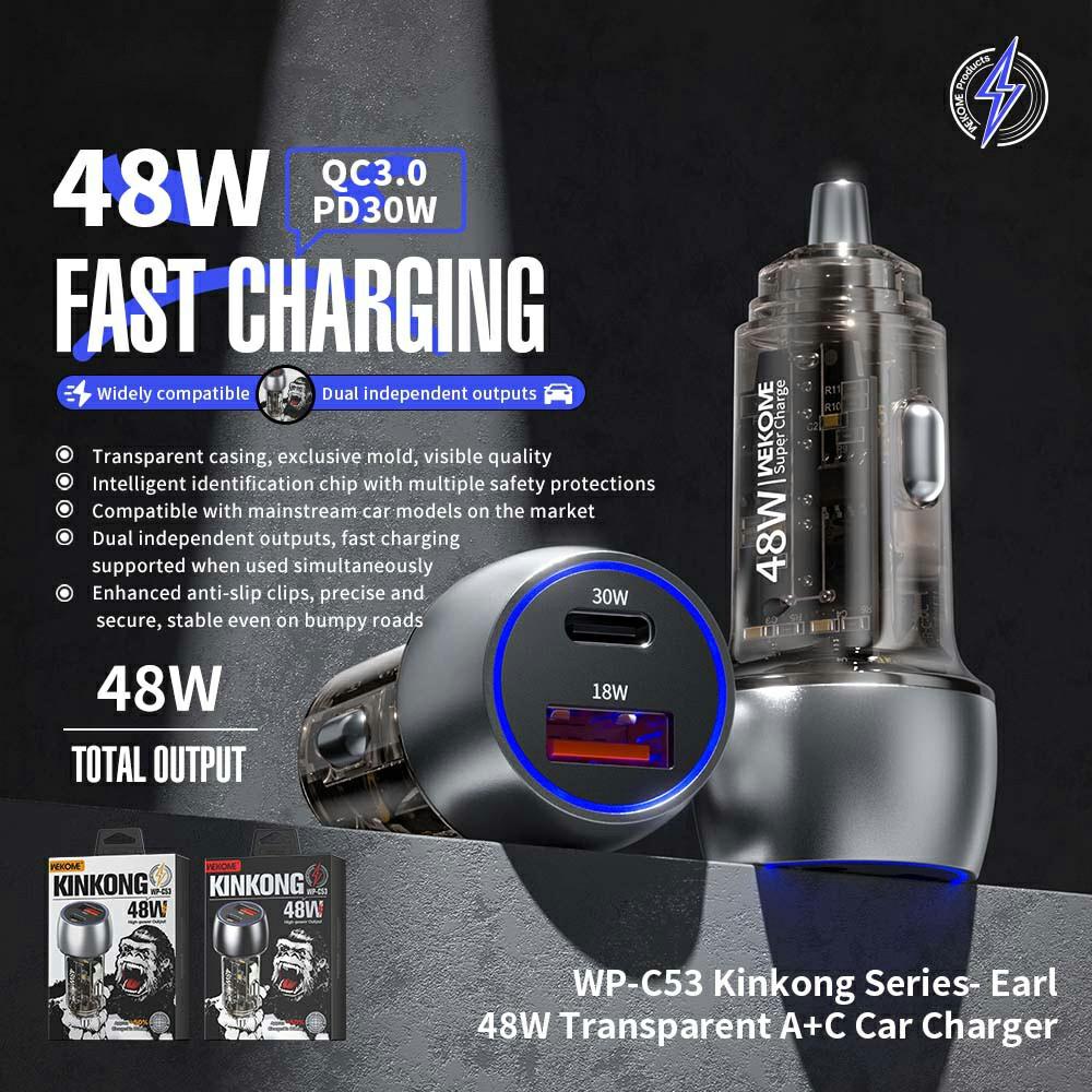 WEKOME WP-C53 48W Car Charger Aluminum Alloy+Transparent PC Shell Dual USB A+C Port Fast Charging Adapter Silver
WEKOME WP-C53 48W Car Charger Aluminum Alloy+Transparent PC Shell Dual USB A+C Port Fast Charging Adapter Silver