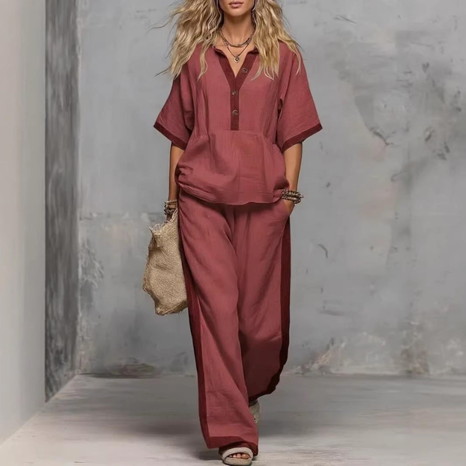 Women s Fashion Color Blocked V-neck Seven Quarter Sleeve Top Elastic Waist Casual Loose Wide Leg Pants Two-piece Set XL винний
Women s Fashion Color Blocked V-neck Seven Quarter Sleeve Top Elastic Waist Casual Loose Wide Leg Pants Two-piece Set XL винний