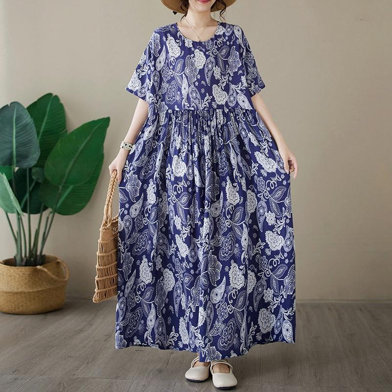 DIMANAF 2024 Платье больших размеров, женское летнее платье с круглым вырезом, богемный свободный макси-платье большого размера с цветочным принтом 9005 One Size красный