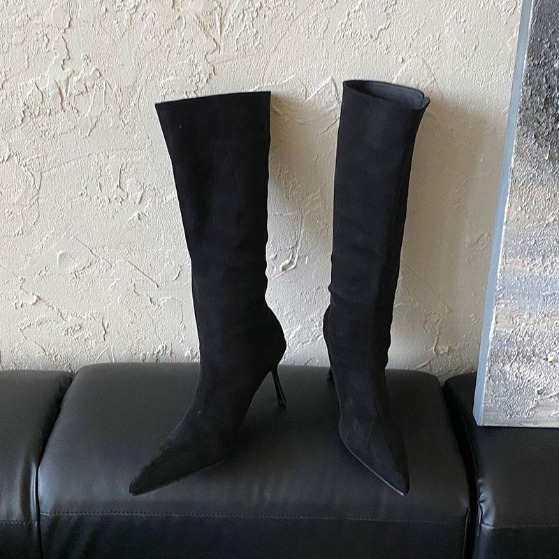 Модные Зимние Осенние Вечерние Женские Сапоги до Колена Современные Туфли Женские С Острым Носком Модные Тонкие Каблуки Женские Длинные Сапоги Обувь Слипоны 35 чёрный