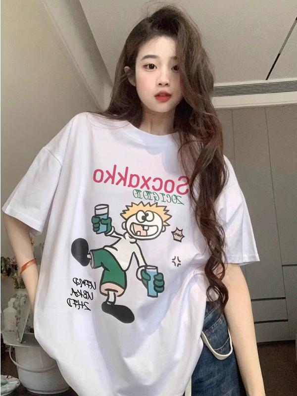 Korean Style Plus Size Cartoon Print Cotton T-Shirt for Women - Loose Fit, Short Sleeve, Round Neck, New Summer Design L
Korean Style Plus Size Cartoon Print Cotton T-Shirt for Women - Loose Fit, Short Sleeve, Round Neck, New Summer Design L