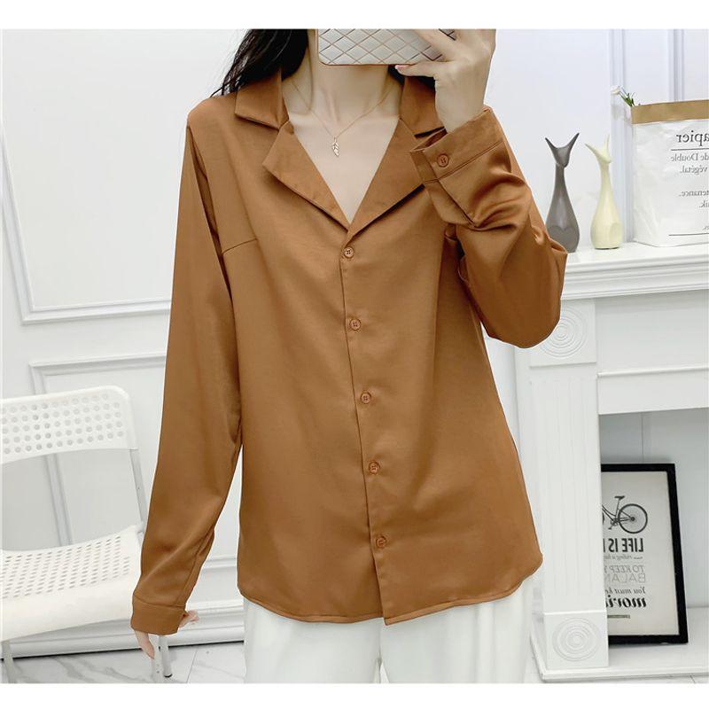Новая осенняя женская одежда Мода K-стиль Однотонная Элегантный воротник пиджачного типа Однобортная Свободного кроя Прилегающего силуэта Универсальная рубашка с длинным рукавом Caramel XS
