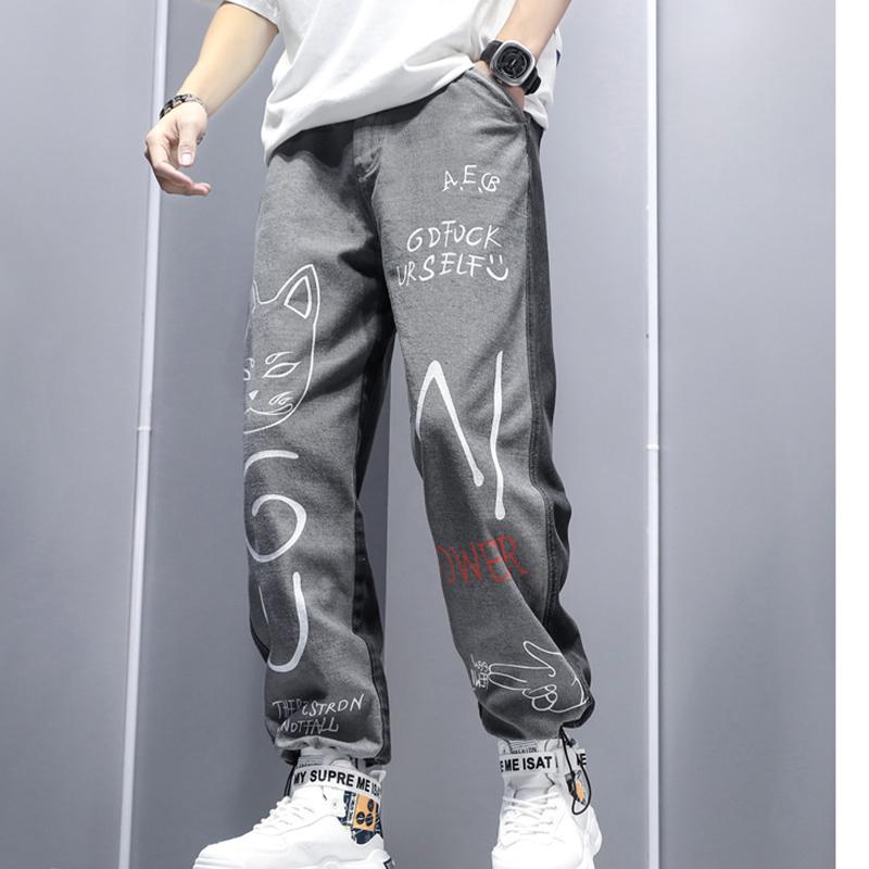 IELGY High Street Личность Граффити Свободные прямые брюки Студенческие уличные джинсы с завязками на шнуровке для ног Жареные уличные джинсы 4XL серый