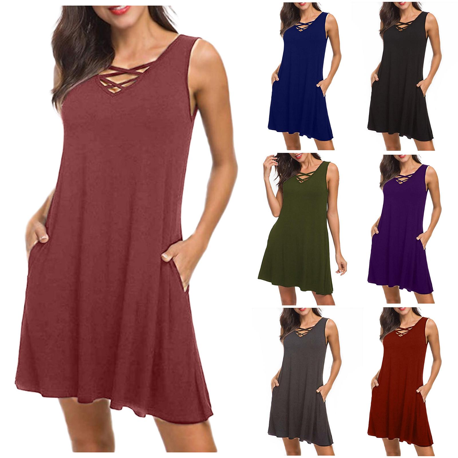 Женское модное летнее мини-платье без рукавов с v-образным вырезом, крестиком и поясом
Женское модное летнее мини-платье без рукавов с v-образным вырезом, крестиком и поясом