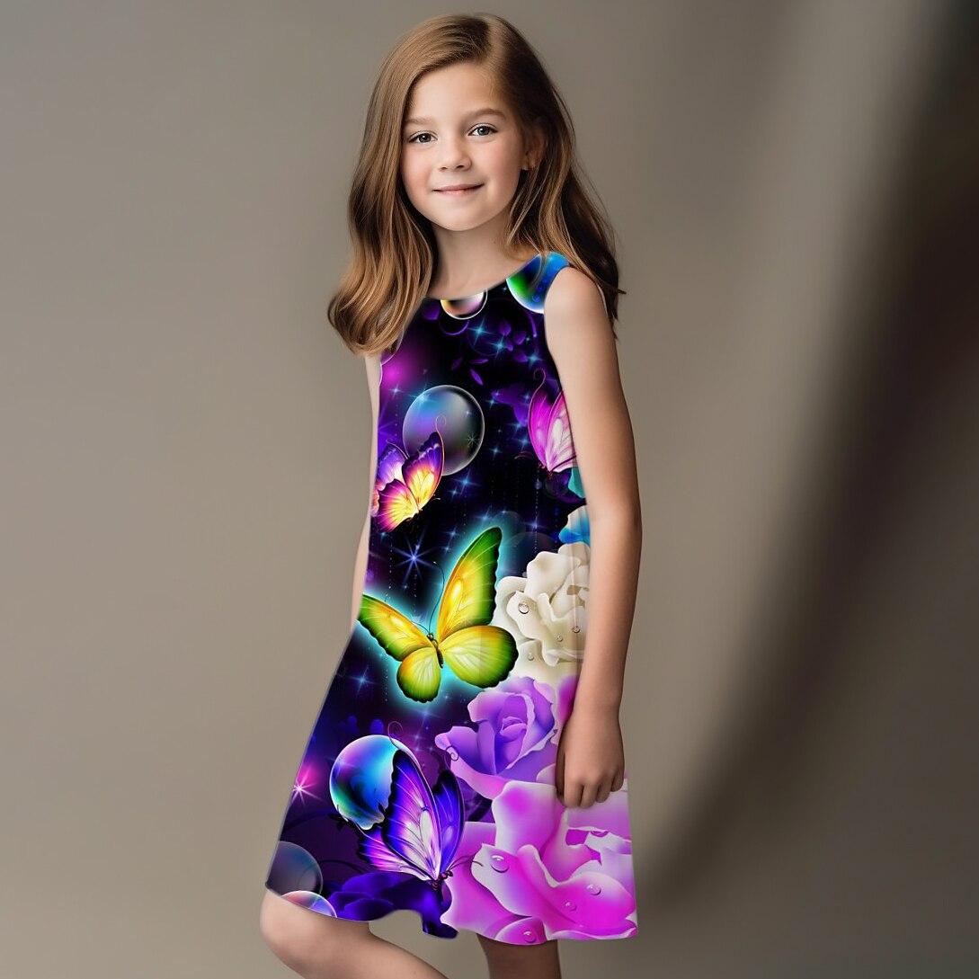 Летние платья-майки без рукавов с круглым вырезом, платья принцессы, милые платья для девочек с 3D-принтом бабочек и цветов 140 розовый