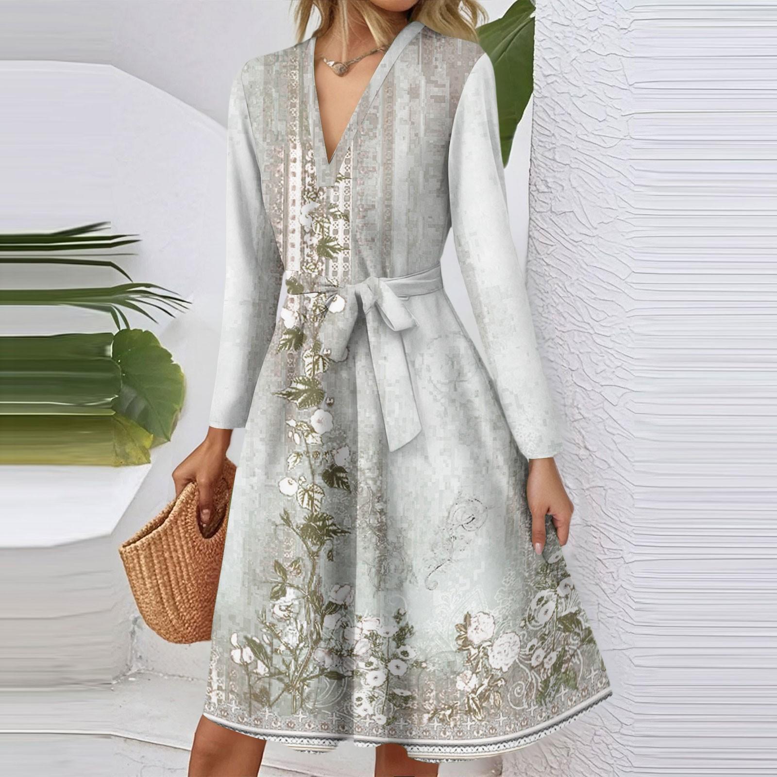 Women s Fashion Casual V-Neck Long Sleeve Waist Retro Printed Midi Dress M білий
Women s Fashion Casual V-Neck Long Sleeve Waist Retro Printed Midi Dress M білий