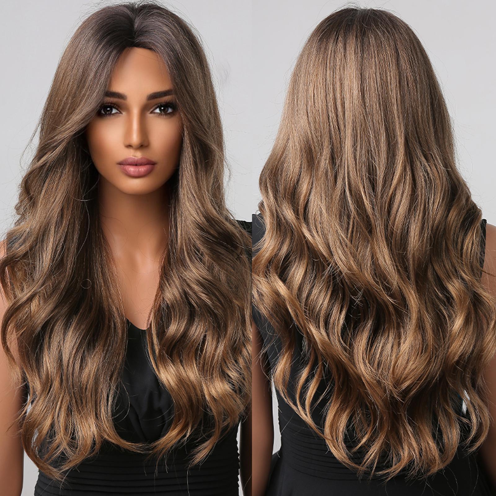 Темно-каштановые волосы Синтетический парик Длинные волнистые парики для чернокожих женщин Афро Средняя часть Термостойкое волокно Ежедневное использование Косплей Вечеринка Wig LC2003-1