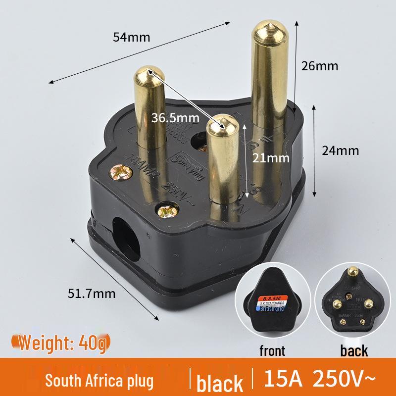 Black & White 15A Large South African Plug with Three Round Pins for Singapore & India Sockets, Pure Copper.
Black & White 15A Large South African Plug with Three Round Pins for Singapore & India Sockets, Pure Copper.