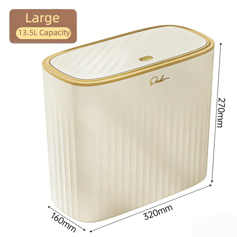 Beige Gold Trim Trash Can Narrow Slim Pressing Type Garbage Bin with Lid Bathroom Kitchen Space-Saving Large Capacity Trash Can 13.5L
Beige Gold Trim Trash Can Narrow Slim Pressing Type Garbage Bin with Lid Bathroom Kitchen Space-Saving Large Capacity Trash Can 13.5L