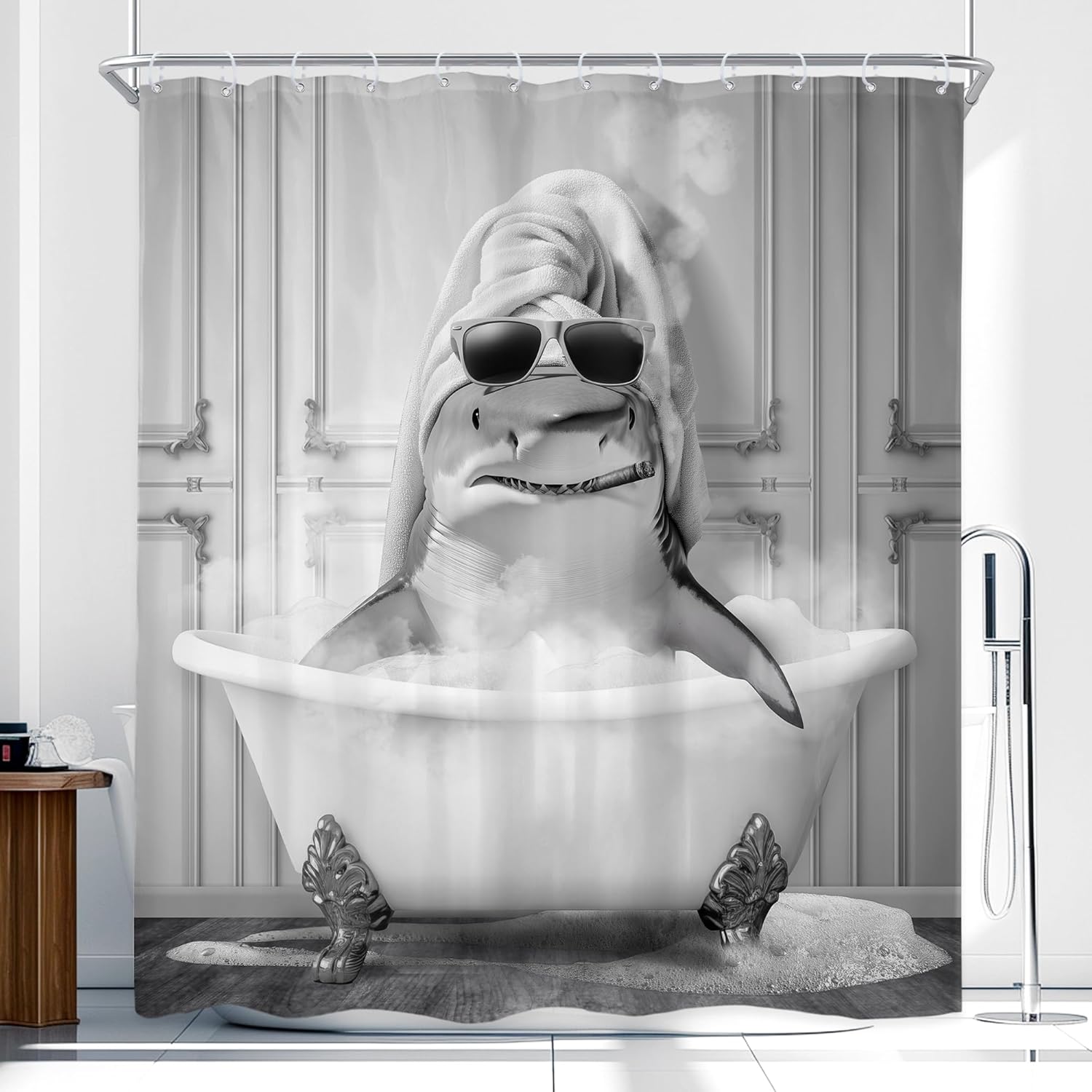 Funny Shark Taking Shower Printed Shower Curtain Black White Smoking Animal For Bathroom Decor W60H190(CM)-1 Pcs
Funny Shark Taking Shower Printed Shower Curtain Black White Smoking Animal For Bathroom Decor W60H190(CM)-1 Pcs