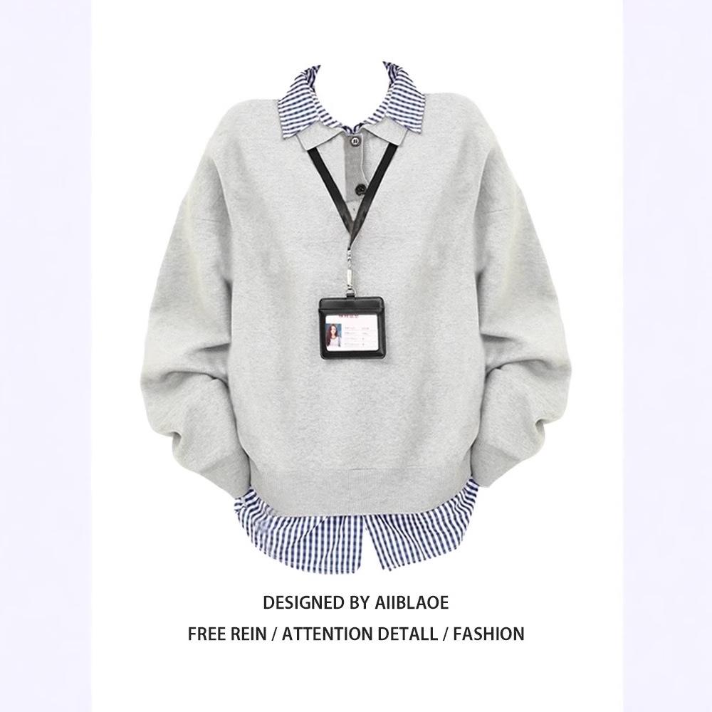 Korean Style Plaid Patchwork Faux Two-Piece Sweatshirt: Turn-Down Collar, Loose Fit for Women - Perfect for Spring, Autumn, and Winter. M
Korean Style Plaid Patchwork Faux Two-Piece Sweatshirt: Turn-Down Collar, Loose Fit for Women - Perfect for Spring, Autumn, and Winter. M