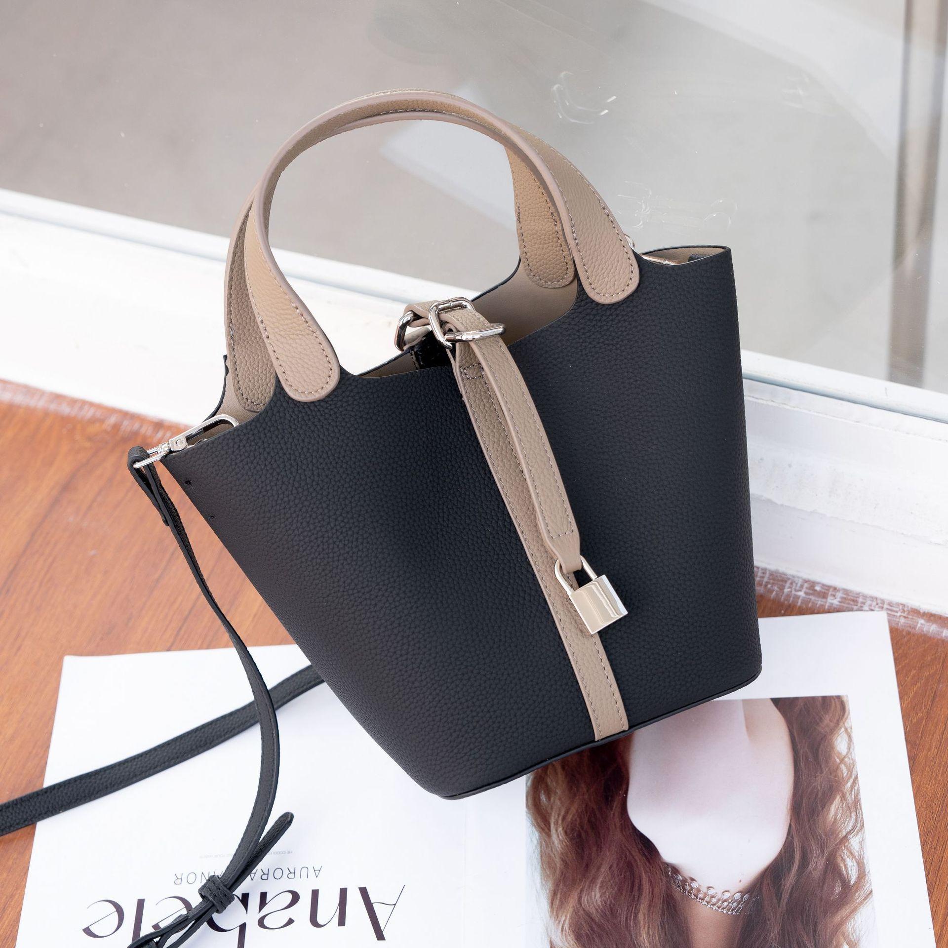 Женская сумка из коровьей кожи, одноплечевая, нишевая, модная, практичная сумка-ведро, портативная сумка-мессенджер из мягкой кожи чёрный