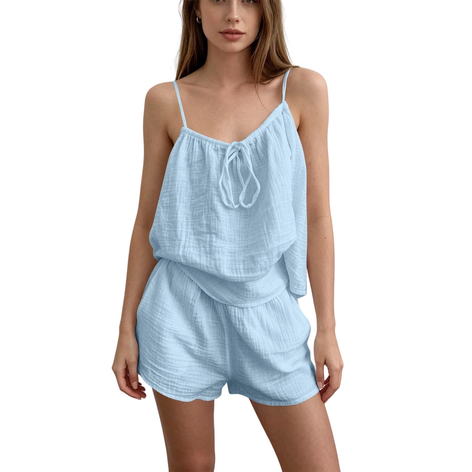 Women s Sleeveless Pajama Set with Halter Neck Double Layer Gauze Top and Elastic Waist Shorts Lightweight Comfortable Sleepwear L синий
Women s Sleeveless Pajama Set with Halter Neck Double Layer Gauze Top and Elastic Waist Shorts Lightweight Comfortable Sleepwear L синий