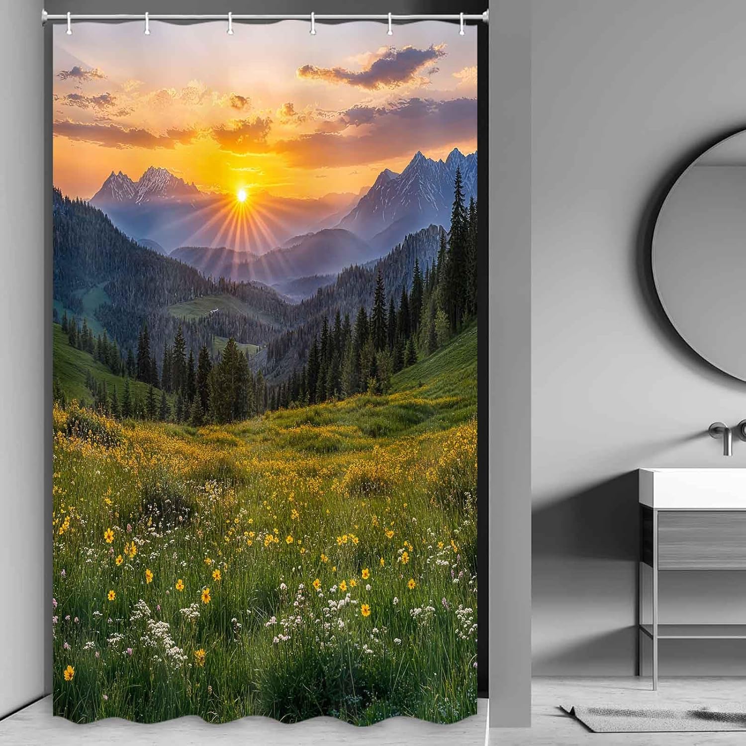 Sunset Mountain Forest Shower Curtain – Wildflowers & Pine Trees, Rustic Nature Bathroom Decor 12Pcs Hooks 71X71Inch W60H190(CM)-1 Pcs
Sunset Mountain Forest Shower Curtain – Wildflowers & Pine Trees, Rustic Nature Bathroom Decor 12Pcs Hooks 71X71Inch W60H190(CM)-1 Pcs