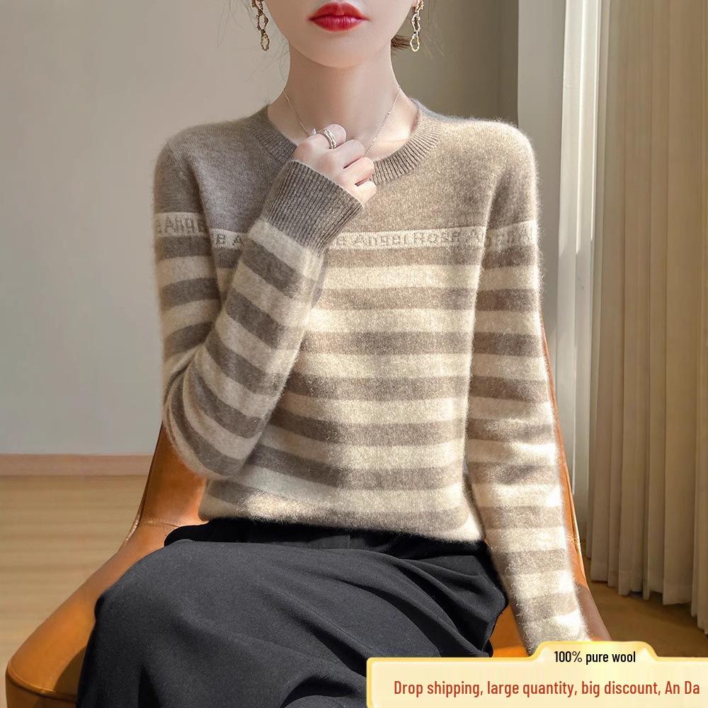 Women s Striped Crew Neck Wool Sweater - Autumn/Winter Loose-Fit Cashmere Knit M 105-115 jin
Women s Striped Crew Neck Wool Sweater - Autumn/Winter Loose-Fit Cashmere Knit M 105-115 jin
