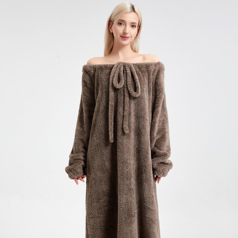 Плюс Размер Женская Атмосфера Коралловый Бархат Домашняя Одежда Свободная и Плотная Длинная Зимняя Пижама one size темно-коричневого