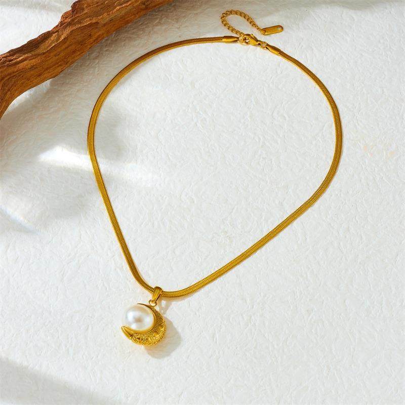Gold Plated Stainless Steel Moon & Pearl Pendant Snake Chain Necklace for Women
Gold Plated Stainless Steel Moon & Pearl Pendant Snake Chain Necklace for Women