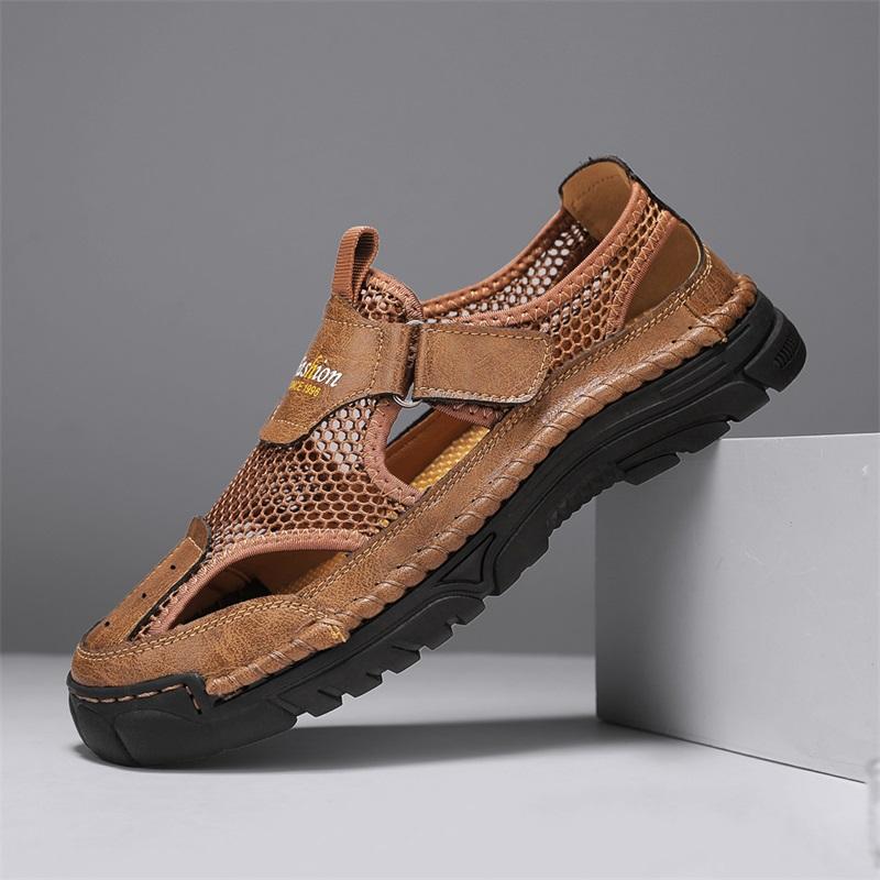 Мода Мода Сшитая Ручной Работы Мужская Обувь с Перфорацией Дышащие Высококачественные Сандалии Толстая Подошва Противоскользящая Спортивная Пляжная Обувь 46 хаки