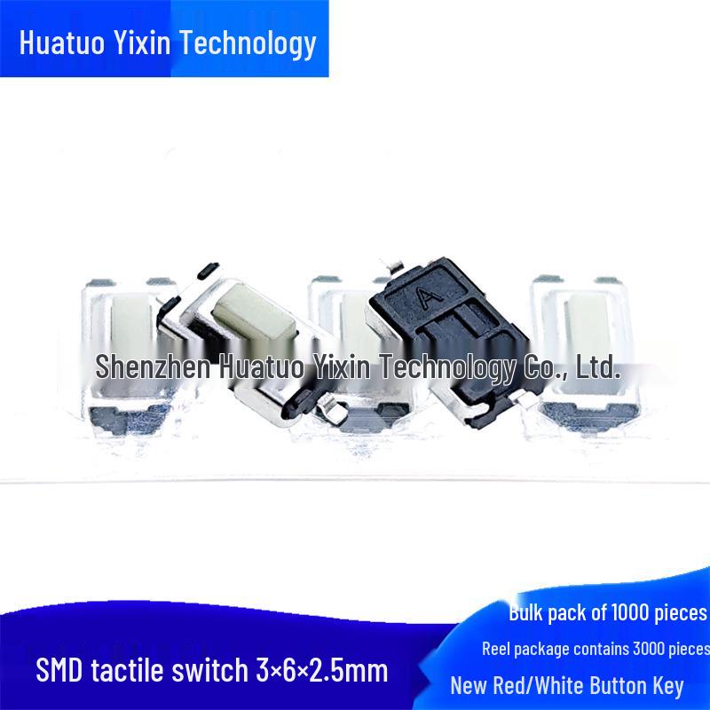 3x6x2.5mm SMD 2-Pin Micro Tactile Switch - Stretched White Head with Red Button White Button (Bulk)
3x6x2.5mm SMD 2-Pin Micro Tactile Switch - Stretched White Head with Red Button White Button (Bulk)