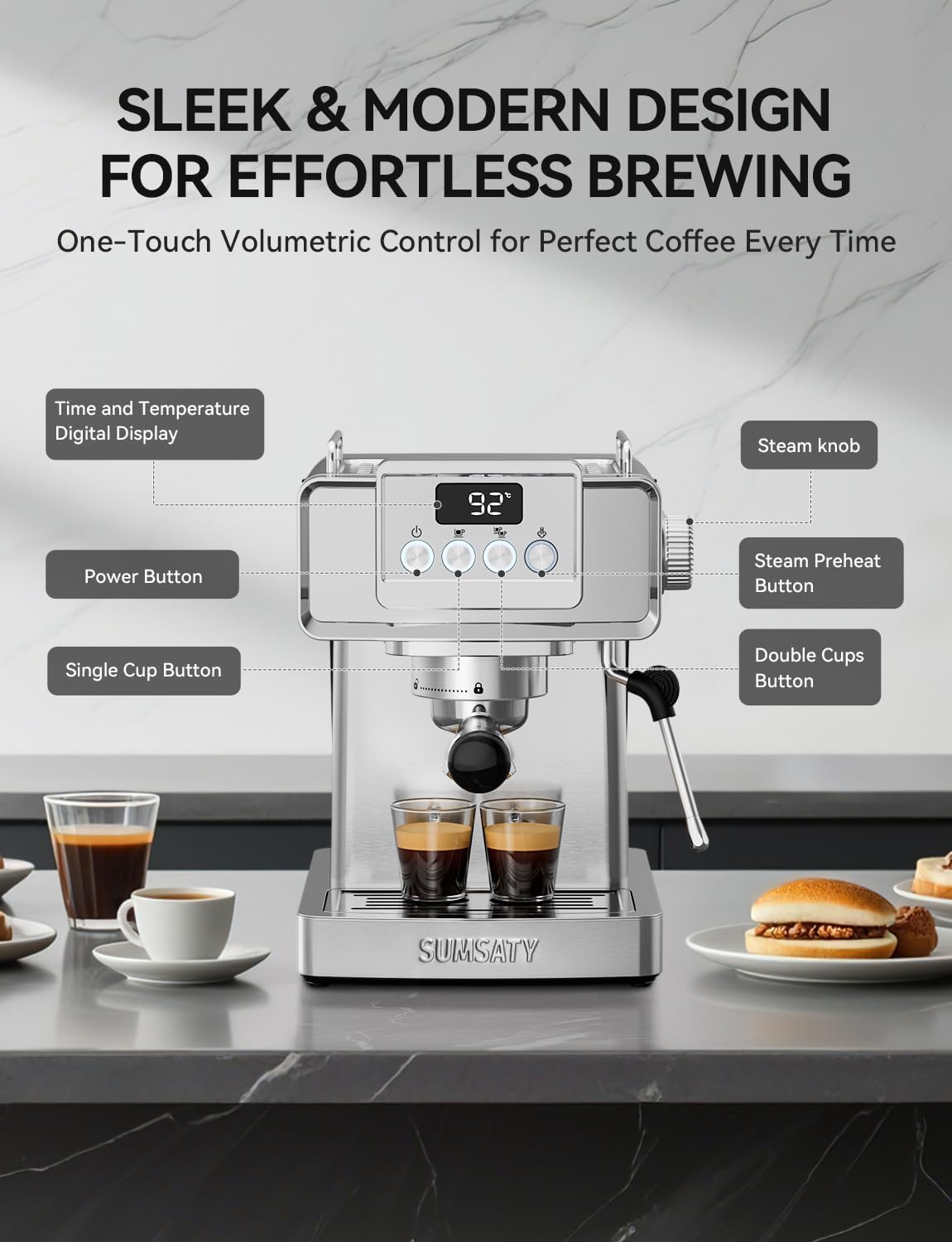 Professional 20 Bar Espresso Machine, Stainless Steel Coffee Maker with Steam & LED Display, 1.8L Tank for Americano, Latte, Cap United States
Professional 20 Bar Espresso Machine, Stainless Steel Coffee Maker with Steam & LED Display, 1.8L Tank for Americano, Latte, Cap United States