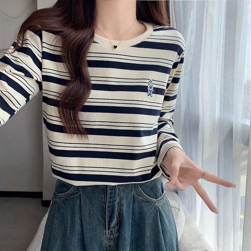 Футболка в полоску в стиле ретро в стиле Гонконга с контрастными цветами, женская, с длинными рукавами и уникальной вышивкой, из чистого хлопка, свободная нижняя часть, верхняя часть, осень XL