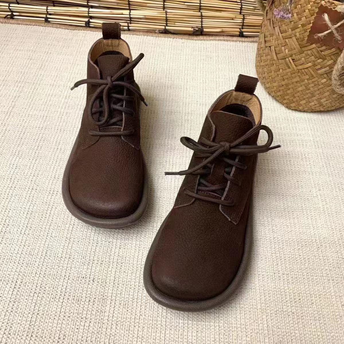 Женские ботильоны на шнуровке из натуральной кожи - Мягкая подошва, Нескользящие, Круглый носок, Ретро стиль, Плоский каблук для осени/зимы. 40