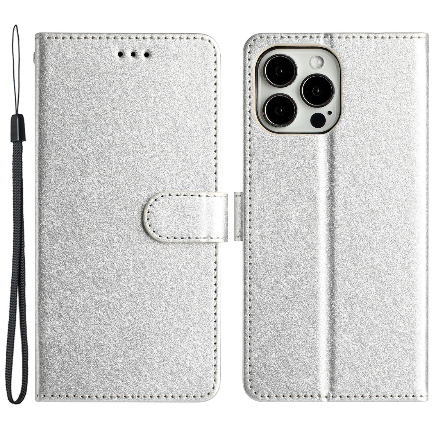 For iPhone 15 Pro Max Protective Case,PU Leather+TPU Silk Texture Wallet Stand Phone Cover with Strap Silver
For iPhone 15 Pro Max Protective Case,PU Leather+TPU Silk Texture Wallet Stand Phone Cover with Strap Silver
