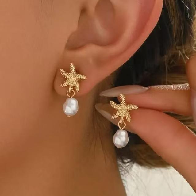 A Pair Starfish Pearl Tassel Pendant Earrings for Women Gold Color Shell Samll Earrings Beach Vacation Style Daily Ear Zircon
A Pair Starfish Pearl Tassel Pendant Earrings for Women Gold Color Shell Samll Earrings Beach Vacation Style Daily Ear Zircon