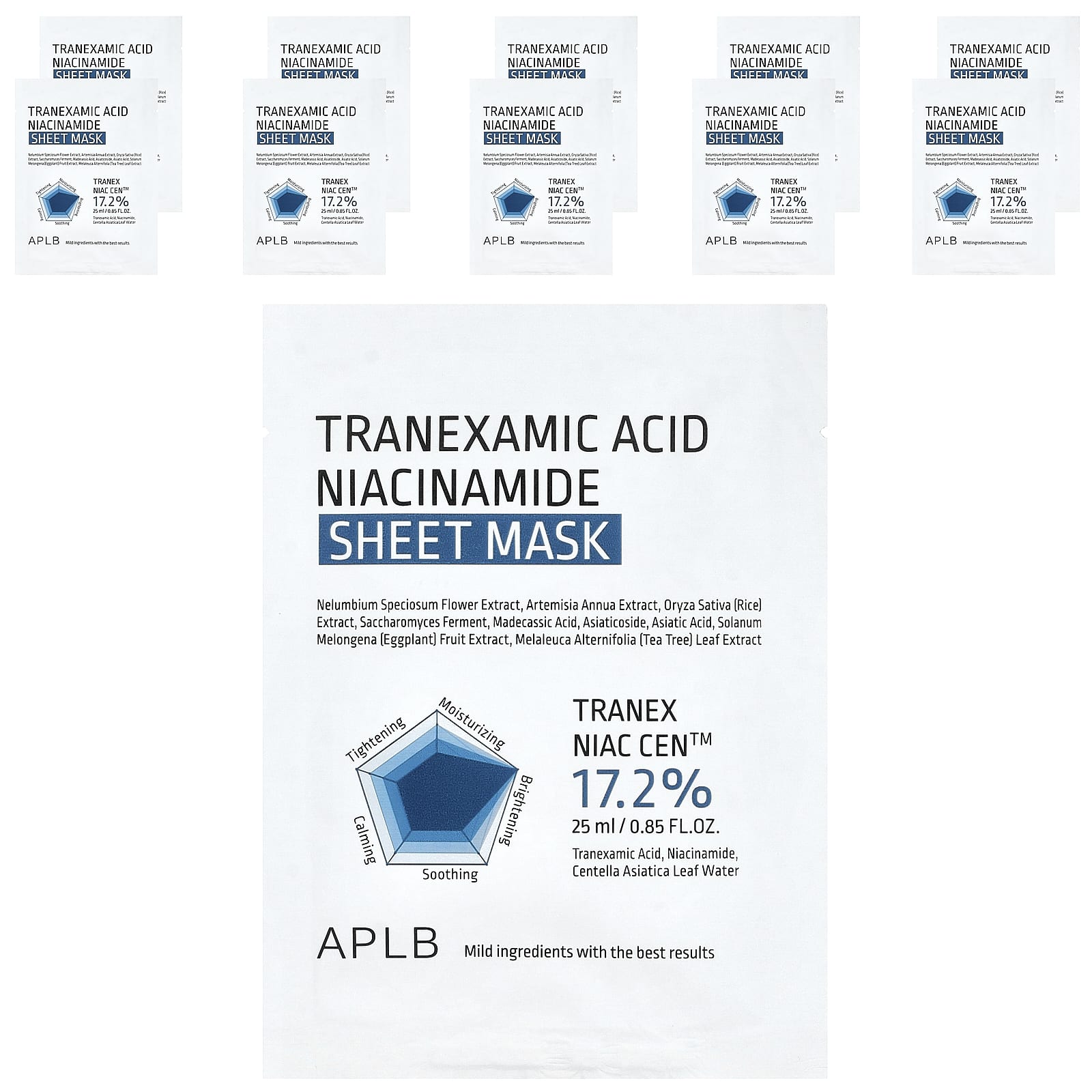 APLB, Tranexamic Acid Niacinamide Beauty Sheet Mask, 10 Sheets, 25ml (0.85 fl oz) Each
APLB, Tranexamic Acid Niacinamide Beauty Sheet Mask, 10 Sheets, 25ml (0.85 fl oz) Each