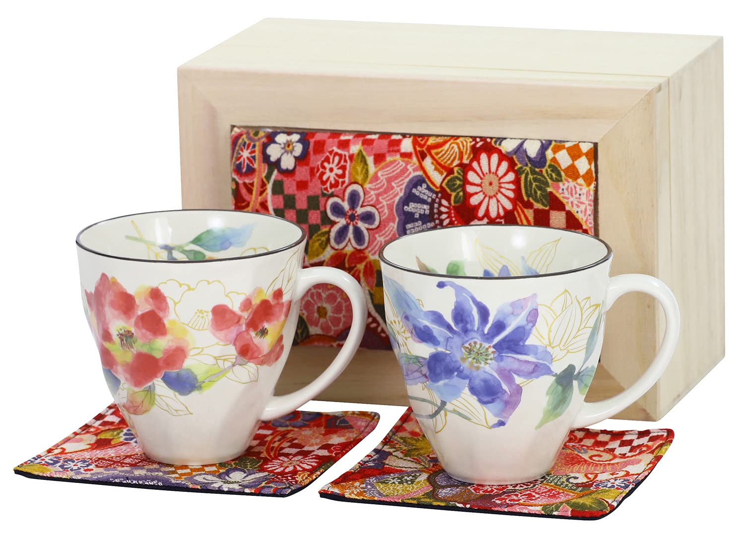 Ceramic Ai Hanaenishi Pair of Mugs, Camellia/Clematis, Chirimen Wooden Box, 03960
Ceramic Ai Hanaenishi Pair of Mugs, Camellia/Clematis, Chirimen Wooden Box, 03960