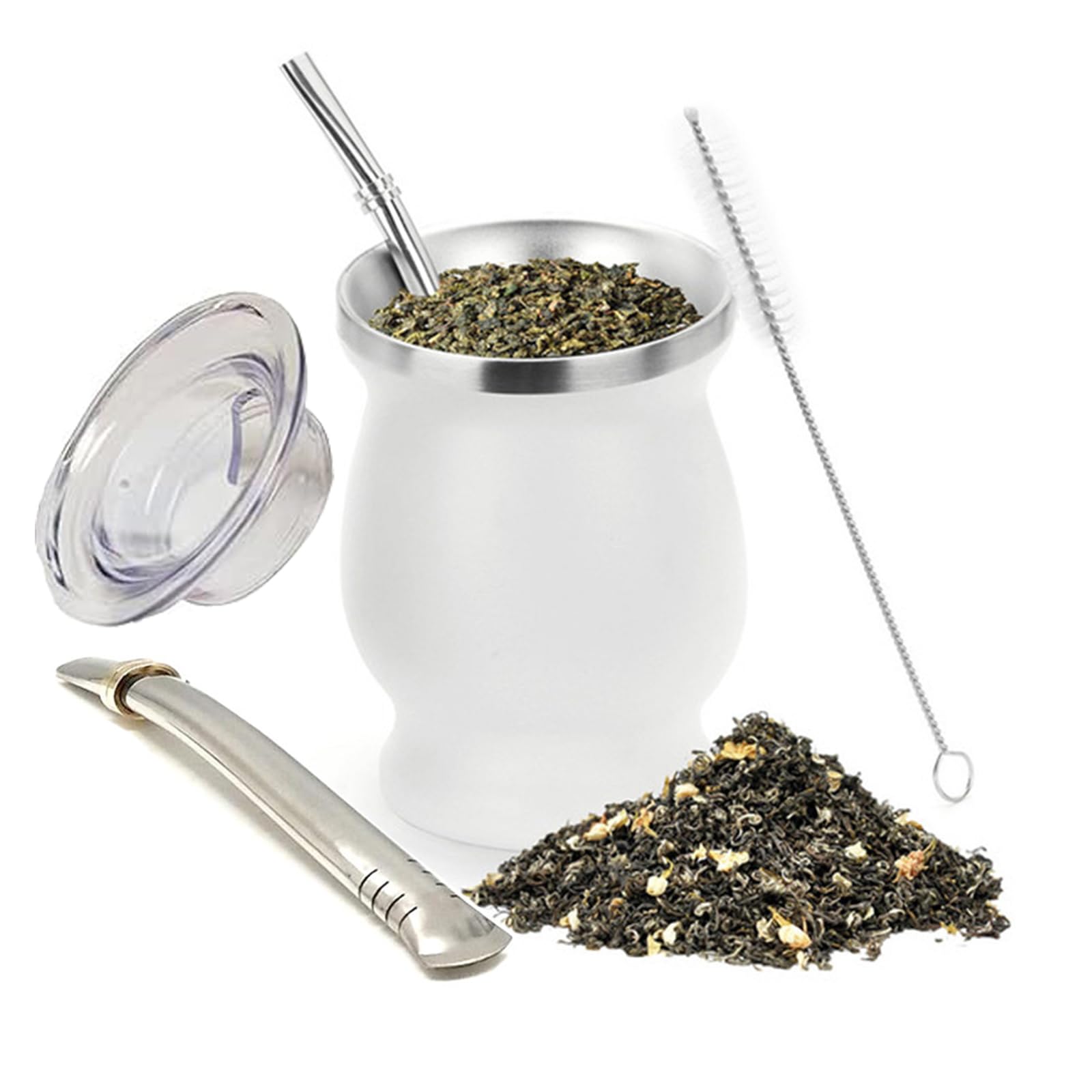 Stainless steel mate tea cup and set with straw cleaning brush and lid for easy cleaning. Perfect for the office or home. (White)
Stainless steel mate tea cup and set with straw cleaning brush and lid for easy cleaning. Perfect for the office or home. (White)