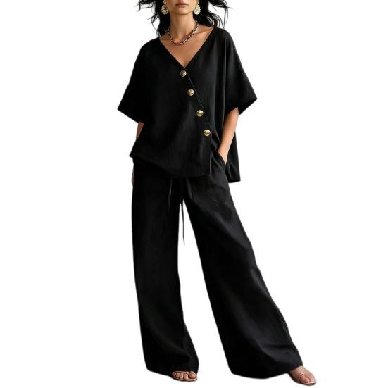 Two Piece Outfits for Women Button Down V Neck Short Sleeve Top And Drawstring Long Pants Summer Lounge Sets XXL чорний
Two Piece Outfits for Women Button Down V Neck Short Sleeve Top And Drawstring Long Pants Summer Lounge Sets XXL чорний
