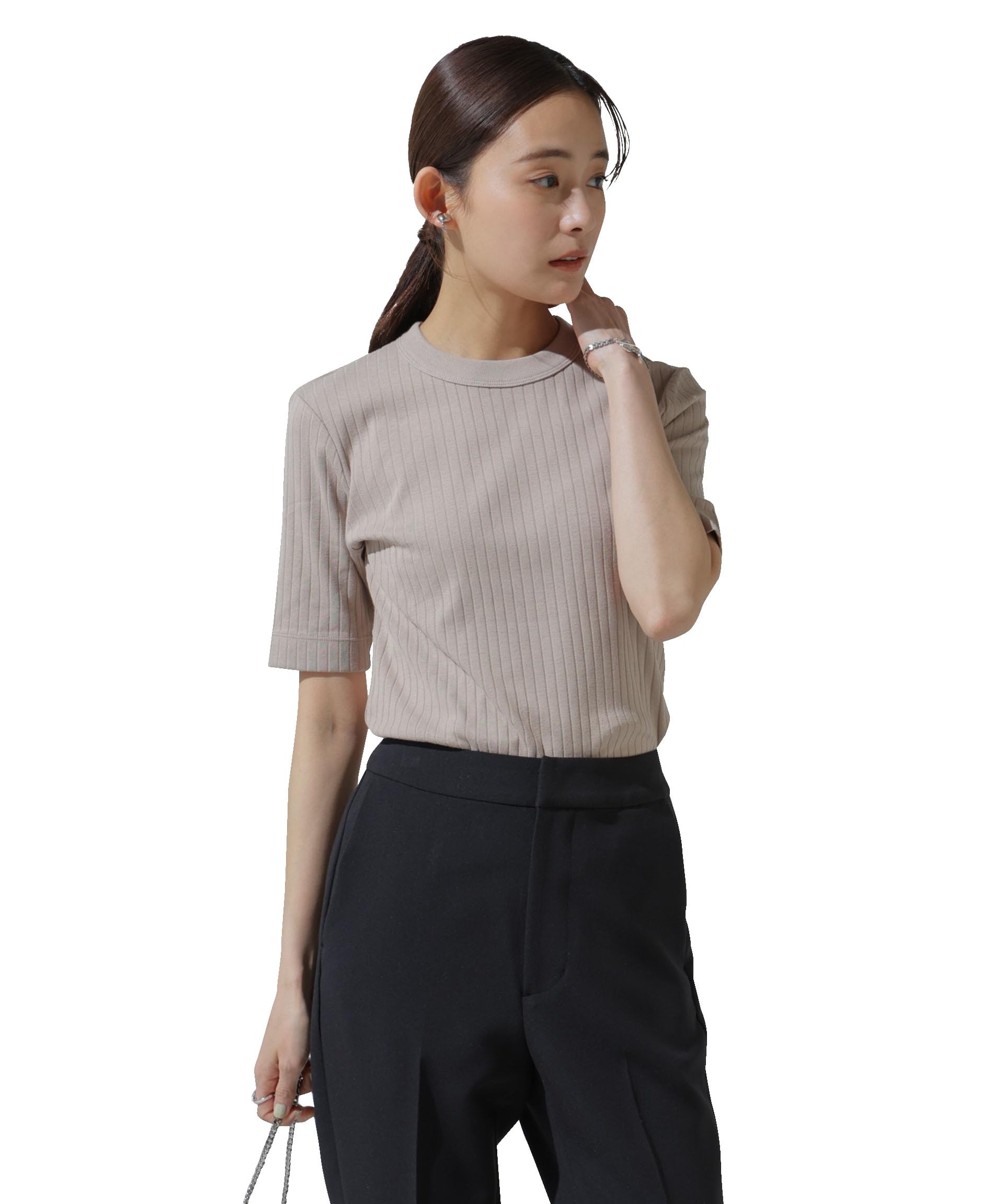 Nano Universe Свитшот с круглым вырезом в рубчик Размер Серо-бежевый Защита от промокания(р) Футболка устойчивая к пятнам, Маленький,