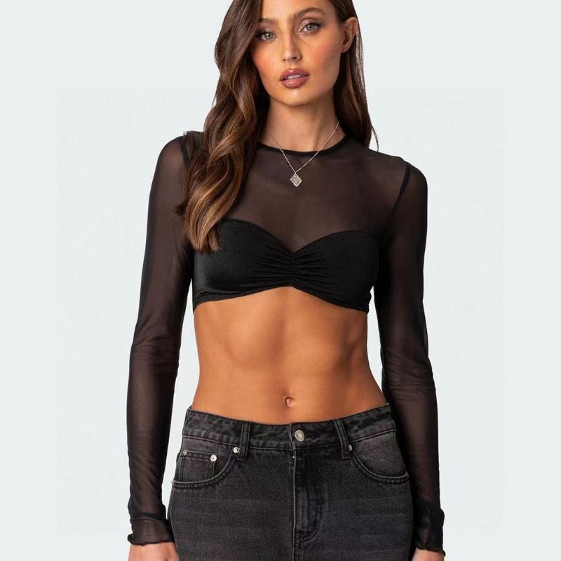 Модная новая круглая горловина в сеточку в стиле пэчворк, сексуальная футболка Y2K, женская уличная футболка с открытым пупком, короткая женская футболка, элегантная облегающая однотонная повседневная футболка 25744 S чёрный