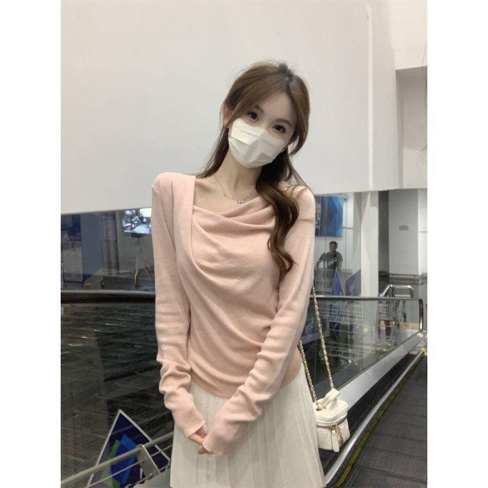 2025 Осень/Зима Асимметричный свитер с драпировкой на шее и длинными рукавами в корейском стиле One Size