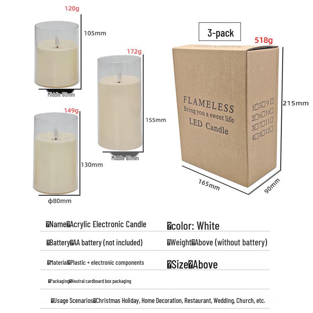 Remote Control LED Simulation Candles for Weddings, Birthdays, and Festive Decorations 80*105mm (No remote, No battery)
Remote Control LED Simulation Candles for Weddings, Birthdays, and Festive Decorations 80*105mm (No remote, No battery)