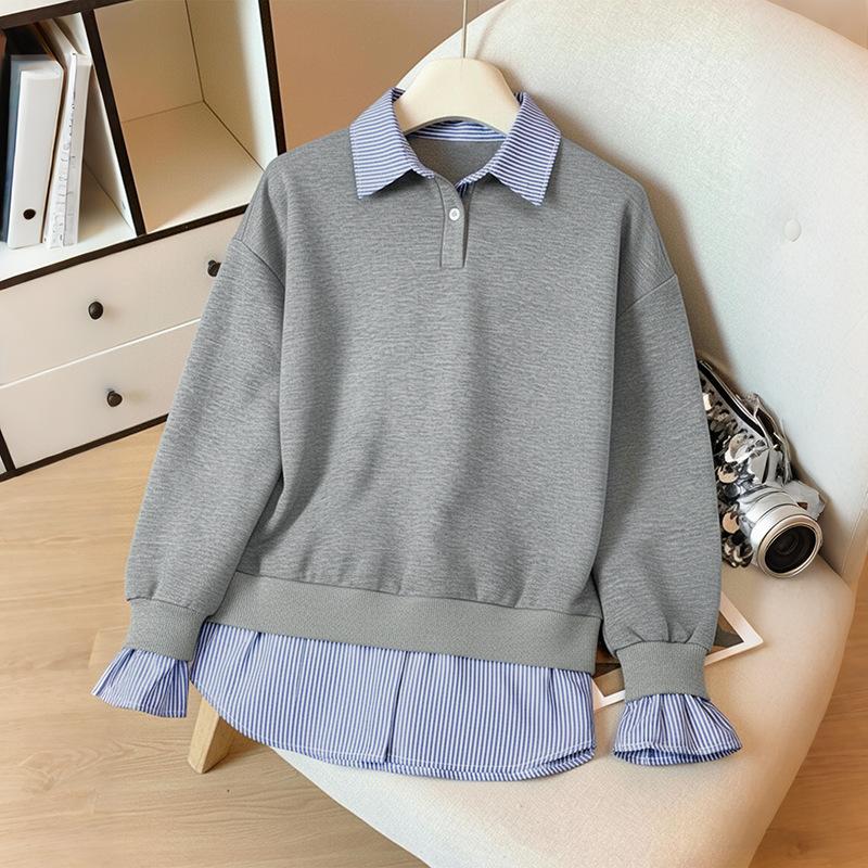 Women Fake Two-Piece Sweatshirt Loose Polo Neck Casual Top Slimming Striped Splicing Tops Spring Fall S
Women Fake Two-Piece Sweatshirt Loose Polo Neck Casual Top Slimming Striped Splicing Tops Spring Fall S