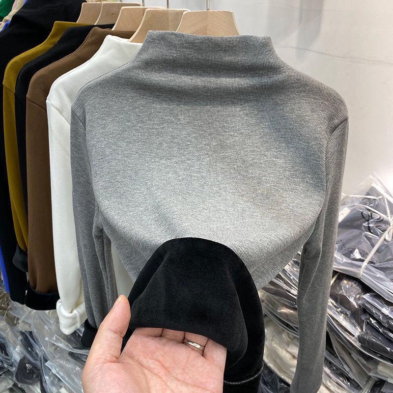 Женская полуворотник-водолазка плюс бархатная утолщенная теплая футболка с длинным рукавом, женская осенне-зимняя новая приталенная рубашка S серый