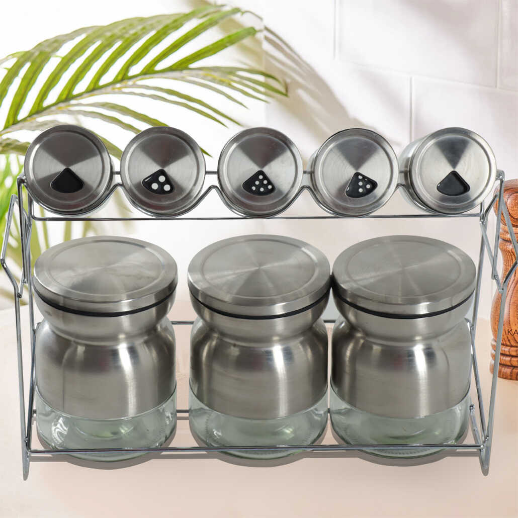 Perotti 13626 Набор из 9 стеклянных специй с металлической подставкой Inox