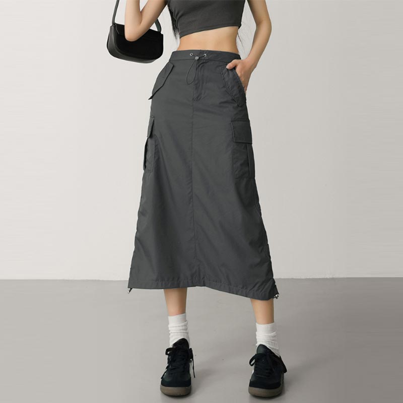 Юбка-карго с разрезом, быстросохнущая, для женщин, летняя, тонкая, горячая, для девушек, юбка-трапеция на шнурке, одежда в американском стиле Y2k, большие размеры 2XL темно серый