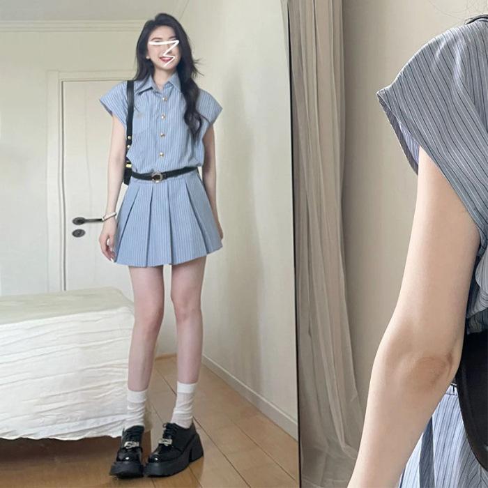 Academy style blue striped shirt dress children waist thin temperament design sense niche pleated short skirt summer S
Academy style blue striped shirt dress children waist thin temperament design sense niche pleated short skirt summer S