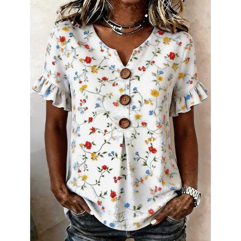 Women s Floral Print V-Neck Blous Short Sleeve Ruffle Cuff Casual Top with Decorative Buttons S белый
Women s Floral Print V-Neck Blous Short Sleeve Ruffle Cuff Casual Top with Decorative Buttons S белый