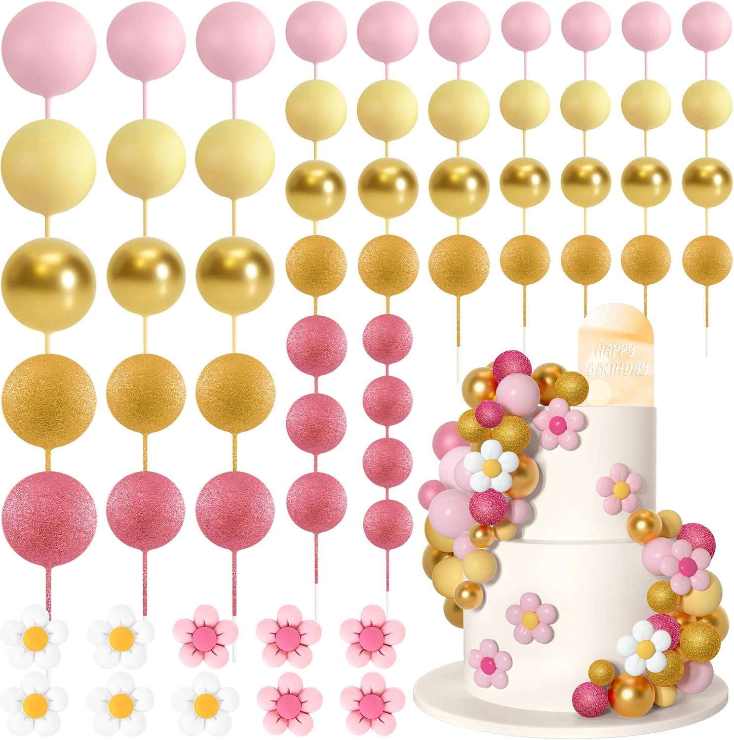 61 Pcs Boho Cake Topper Balls Decorations Daisy Flower Acrylic Cake Topper for Birthday Party Wedding Rainbow Baby Shower
61 Pcs Boho Cake Topper Balls Decorations Daisy Flower Acrylic Cake Topper for Birthday Party Wedding Rainbow Baby Shower