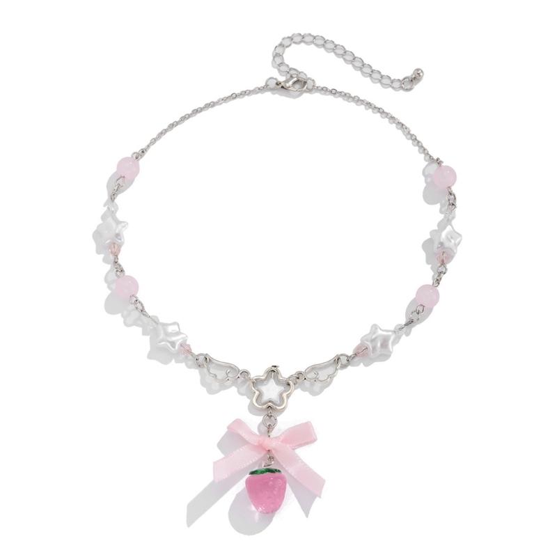 A pink five-pointed star bow strawberry pendant necklace, Gothic retro Y2K girl candy jewelry accessory.
A pink five-pointed star bow strawberry pendant necklace, Gothic retro Y2K girl candy jewelry accessory.