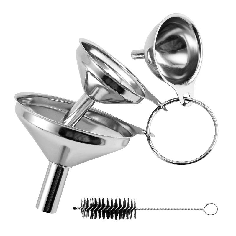 Three-Piece Stainless Steel Funnel Set with Hanging Handles for Kitchen, Oil, and Wine Pouring.
Three-Piece Stainless Steel Funnel Set with Hanging Handles for Kitchen, Oil, and Wine Pouring.