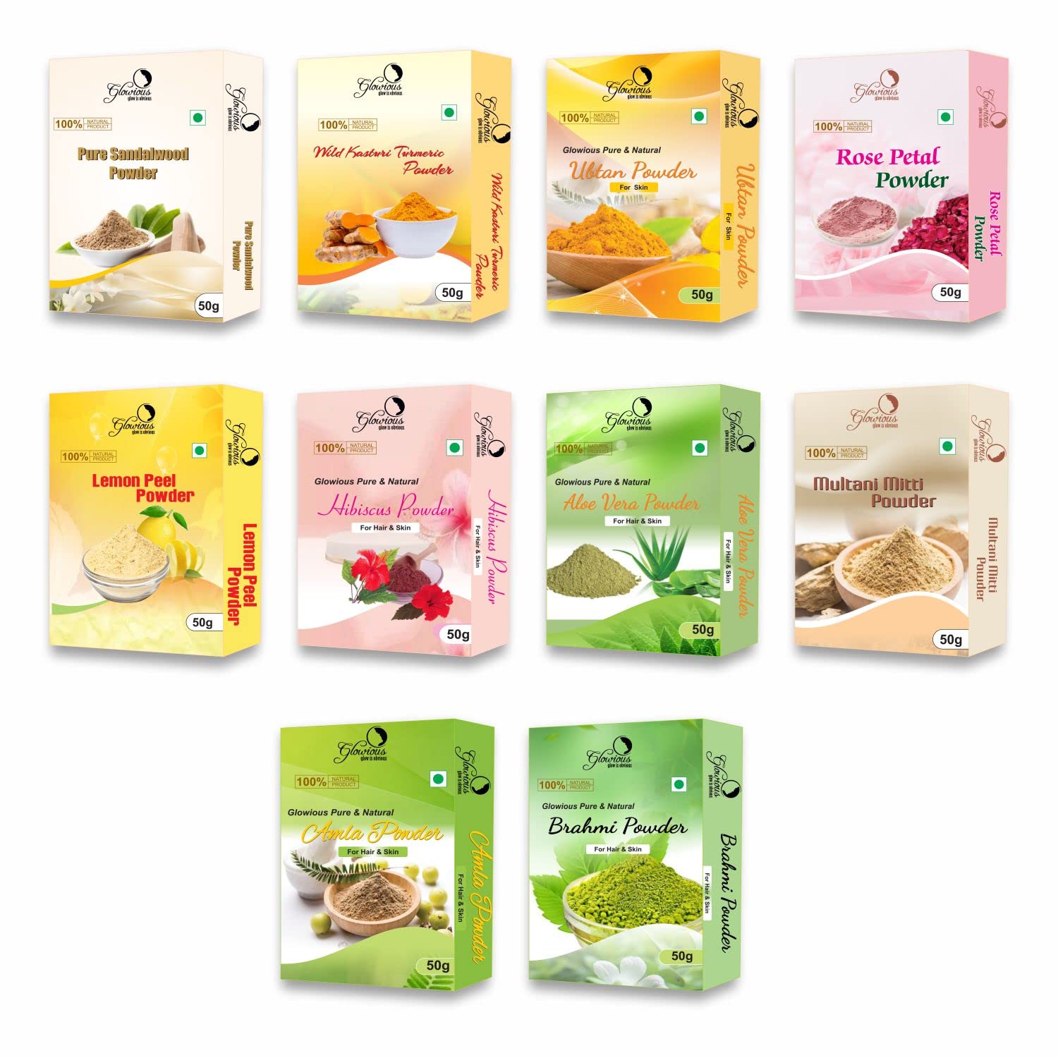 Glowious Ultimate Radiance Combo Pack - 10 Pure Powders (Sandalwood, Rose, Multani Mitti, Turmeric, Lemon Peel, Amla, Hibiscus, Ubtan, Brahmi, Al
Glowious Ultimate Radiance Combo Pack - 10 Pure Powders (Sandalwood, Rose, Multani Mitti, Turmeric, Lemon Peel, Amla, Hibiscus, Ubtan, Brahmi, Al