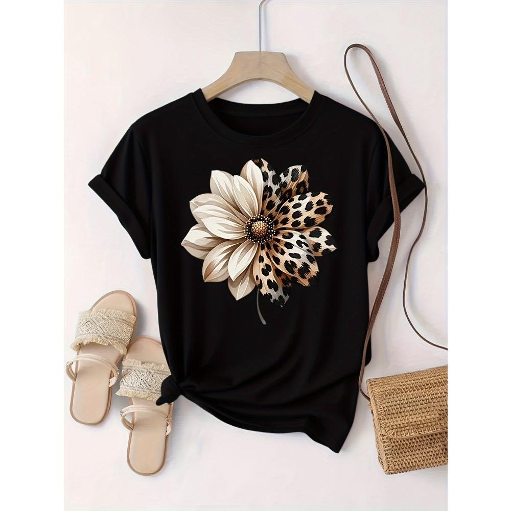 Women s Soft T-shirt Breathable Short-sleeved Casual Party Top Floral & Leopard Stripe Design Casual Versatile Black & White M
Women s Soft T-shirt Breathable Short-sleeved Casual Party Top Floral & Leopard Stripe Design Casual Versatile Black & White M